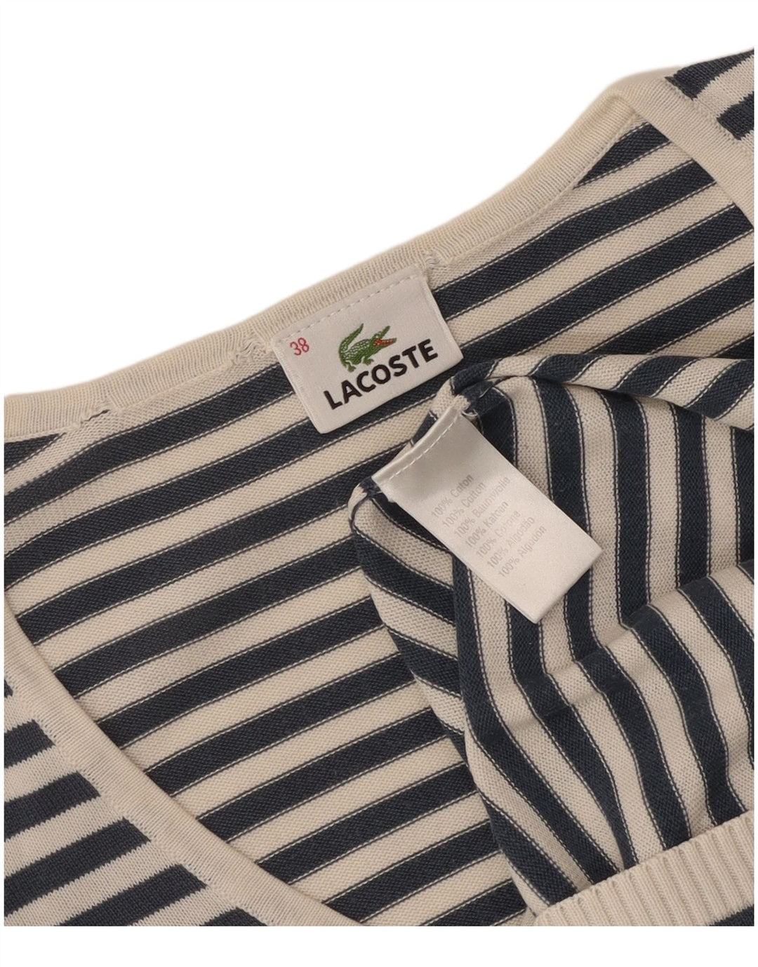 Pulover pentru femei Lacoste cu decolteu în V, mărime 38, mijlociu, bleumarin, în dungi
