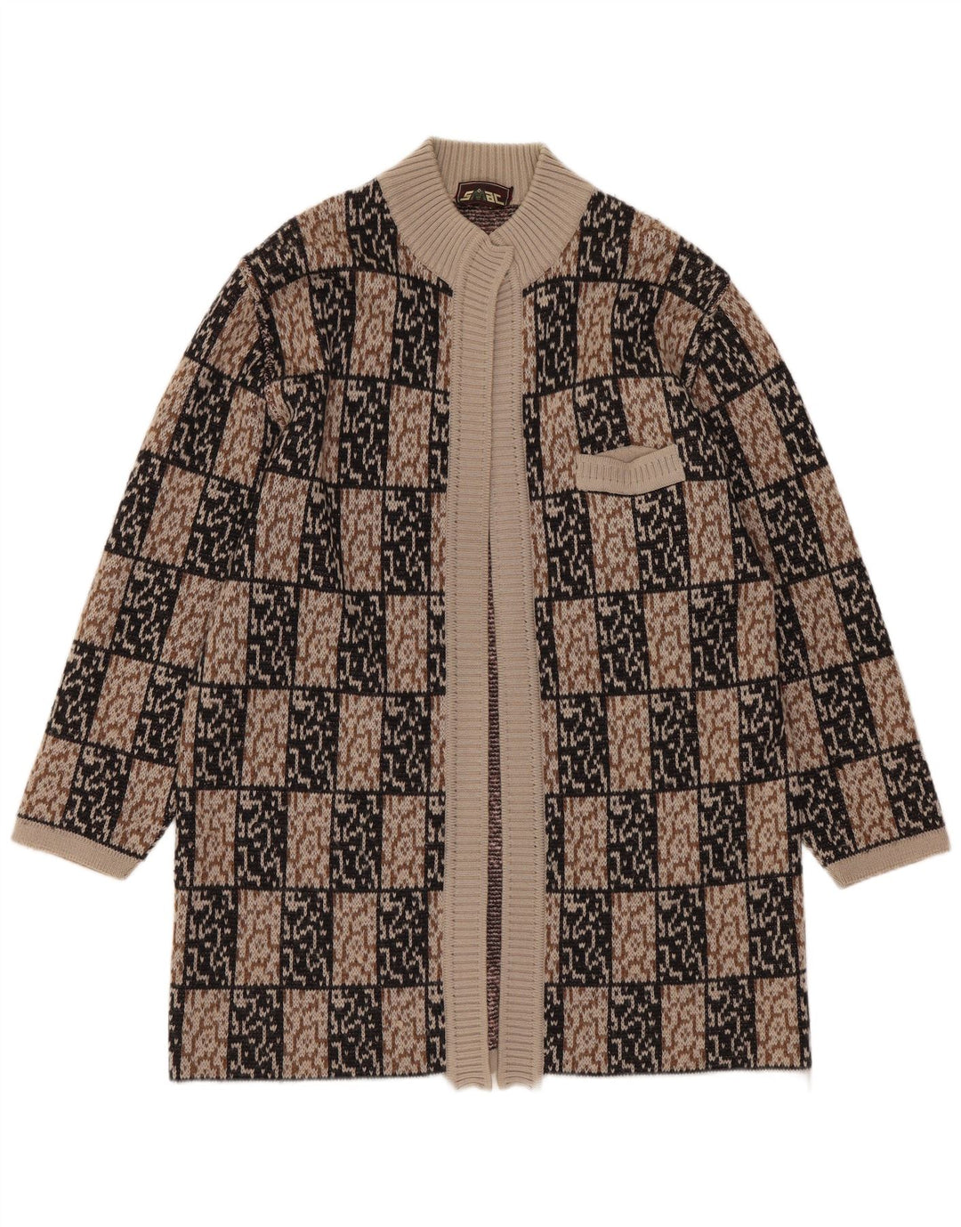 VINTAGE Pulover cardigan deschis cu paragate pentru femei IT 44 Maro Mediu Geometric