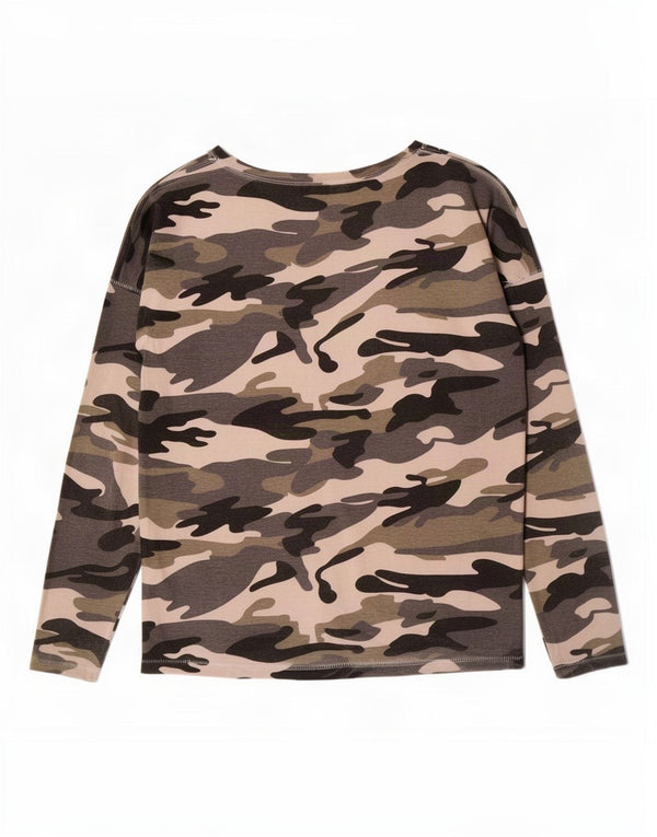 Benetton Top grafic pentru femei cu mânecă lungă UK 20 2XL bumbac camuflaj kaki