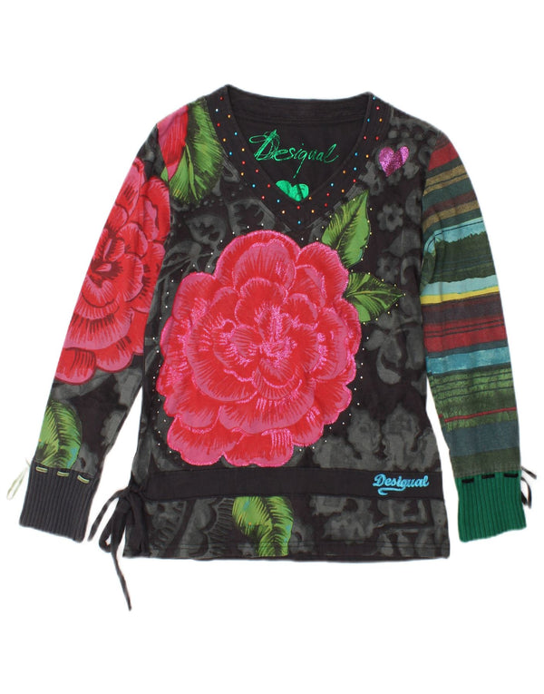 Top grafic pentru femei Desigual cu mânecă lungă UK 14 Medium Black Floral