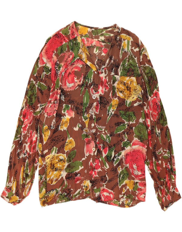 Bluză de cămașă vintage pentru femei, cu ajustare largă, UK 14, maro mediu, mătase florală