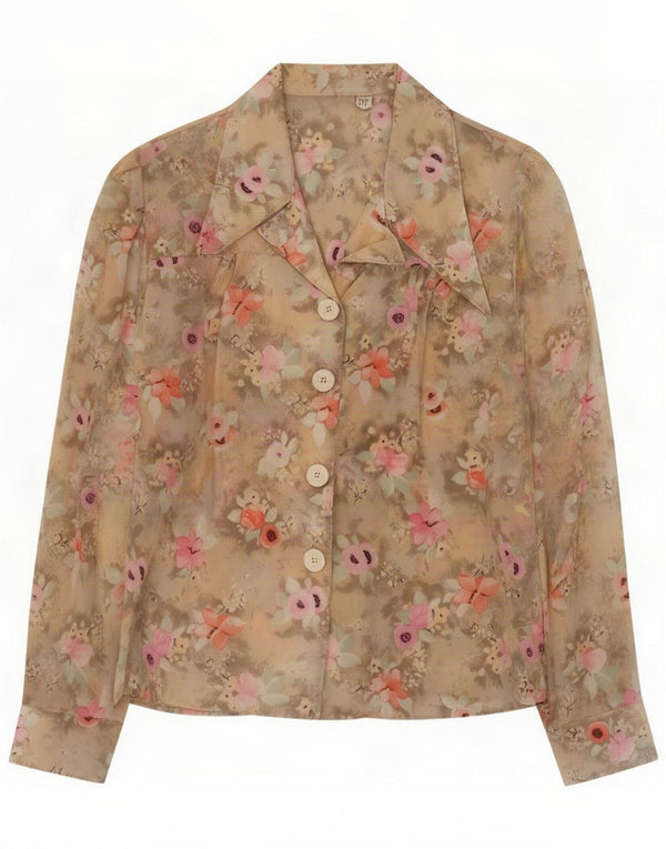Bluză de epocă cămașă cu mânecă lungă pentru femei UK 14 Medium Beige Floral Retro