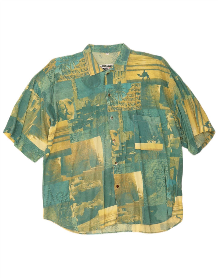 Cămașă vintage cu mânecă scurtă pentru bărbați, bumbac mozaic verde 2XL