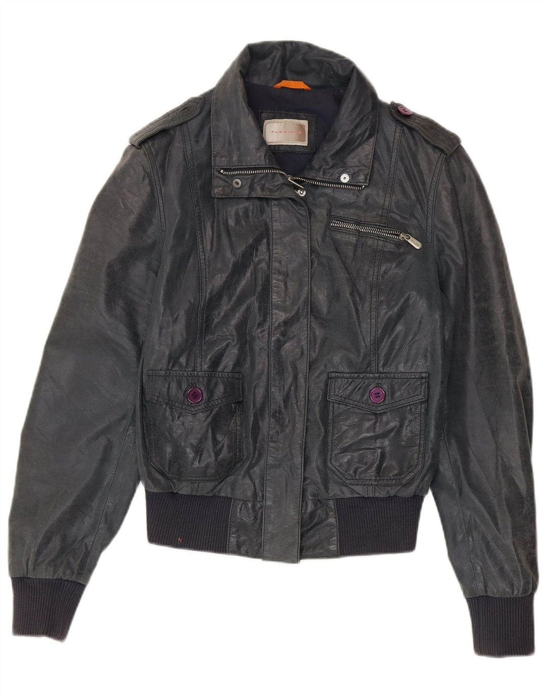 Jachetă Bomber din piele vintage pentru femei IT 46 Mare din piele bleumarin