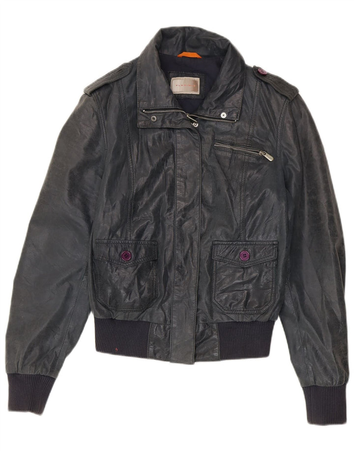 Jachetă Bomber din piele vintage pentru femei IT 46 Mare din piele bleumarin