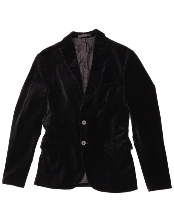 Zara Mens 2 Button Velvet Blazer Jacket EU 46 Small Black Cotton