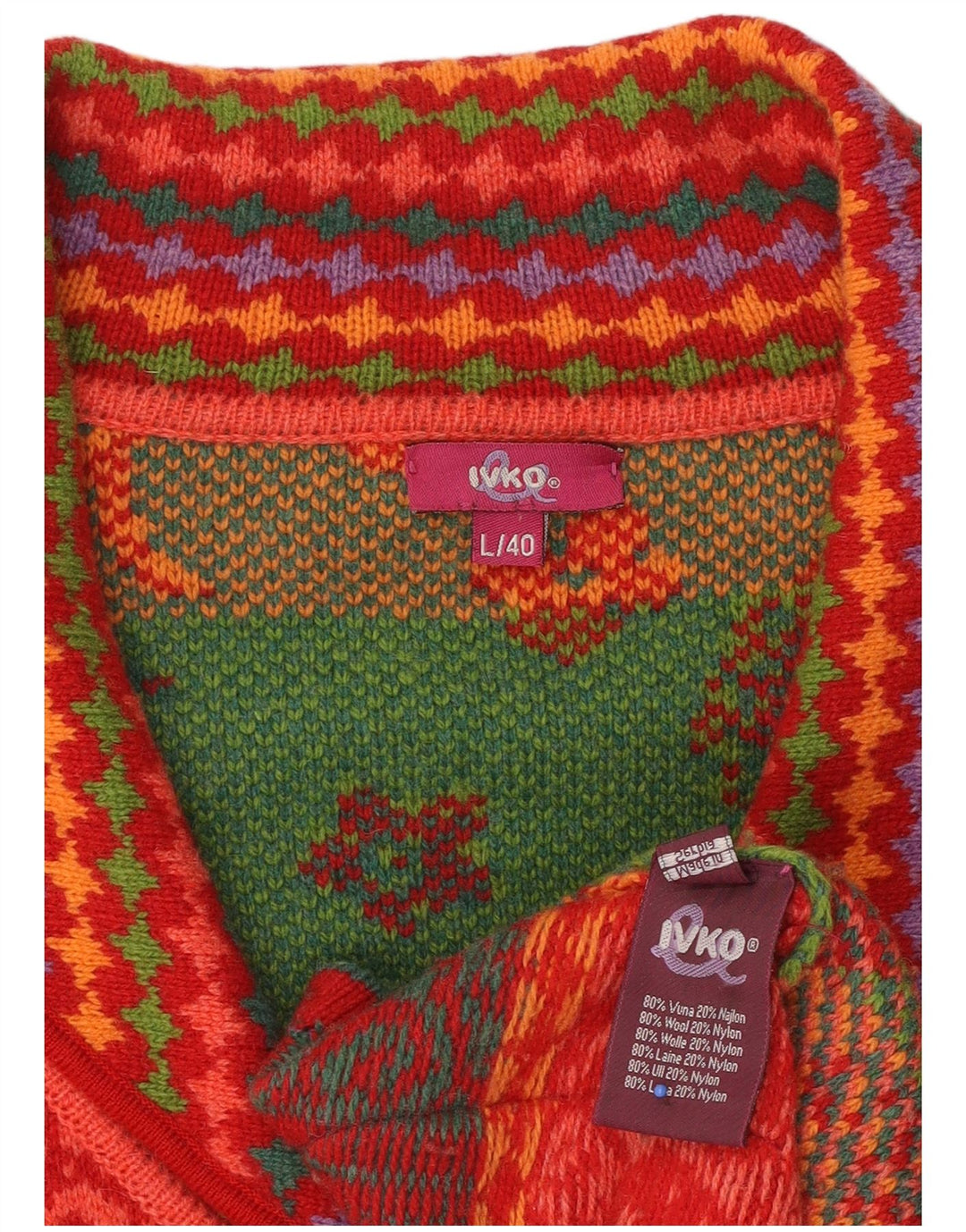 Pulover cardigan IVKO pentru femei UK 14 Lână mare roșu Paisley