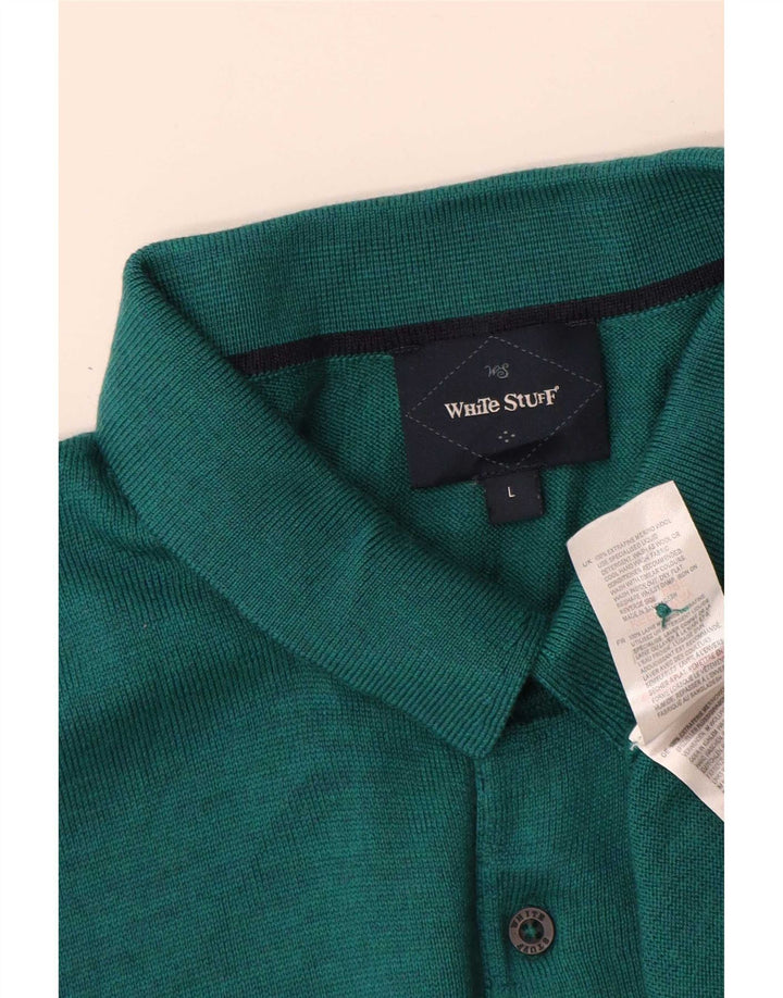 White Stuff Pulover cu gât polo pentru bărbați, lână merinos verde mare