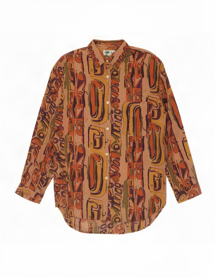 Bluză de cămașă vintage pentru femei cu paragate cu model abstract, UK 14, maro mediu