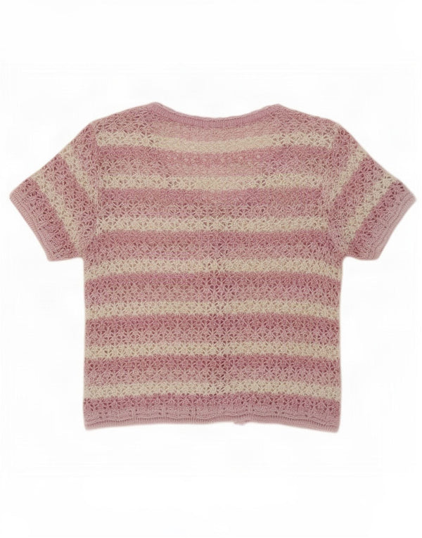 Pulover Cardigan Vintage cu mânecă scurtă pentru femei UK 14 Roz mediu cu dungi