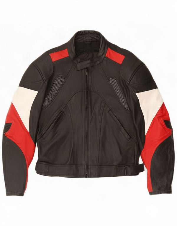 Vintage Womens Leather Racer Jacket UK 14 3XL Black Colorblock