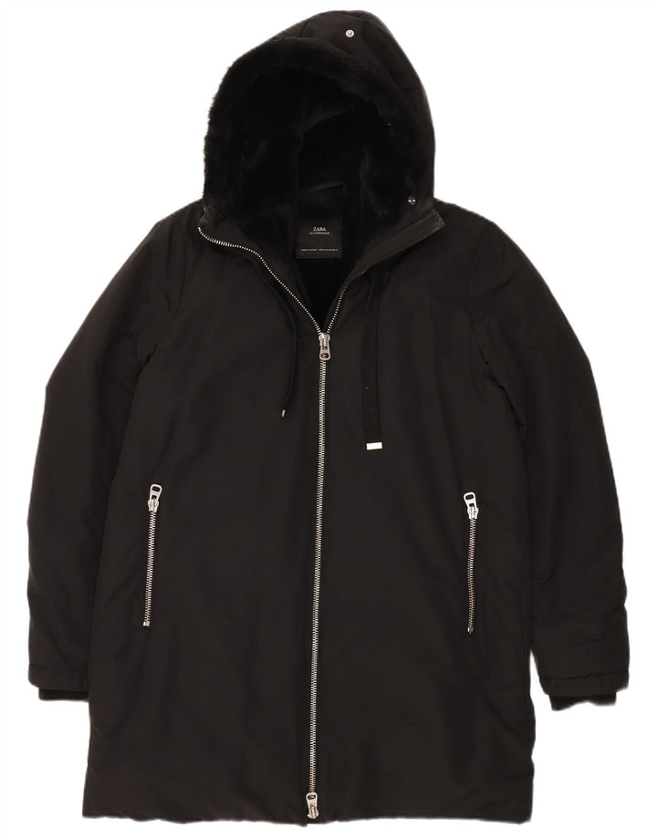 ZARA Jachetă Sherpa Windbreaker cu glugă pentru femei UK 14 Poliester mediu negru