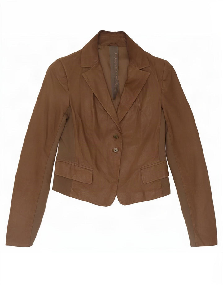 Patrizia Pepe Jachetă Blazer din piele cu 2 nasturi pentru femei IT 44 Maro Mediu