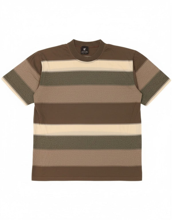 Vintage Mens T-Shirt Top Large Brown Striped Cotton