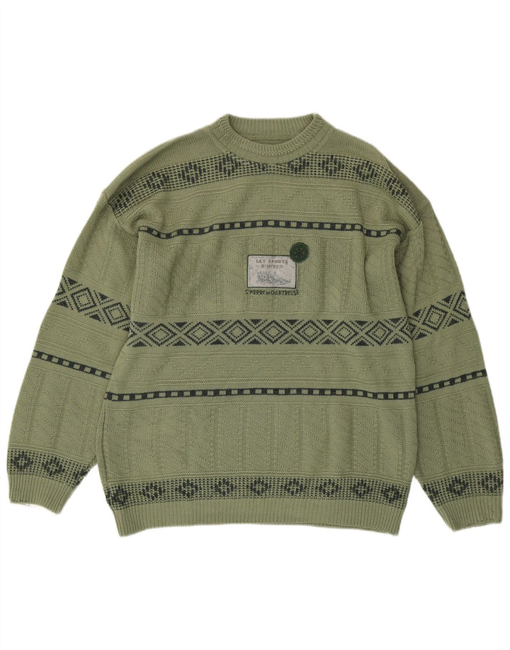 Pulover vintage pentru bărbați cu decolteu rotund, verde mediu, geometric