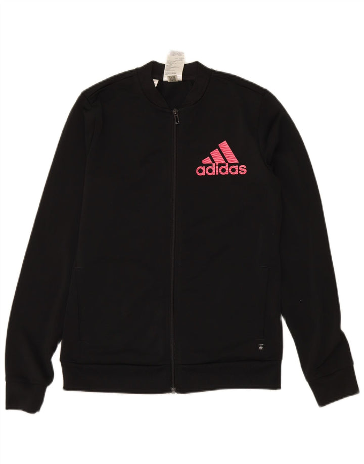 ADIDAS Girls Graphic Tracksuit Top Jacket 13-14 Years Black Polyester