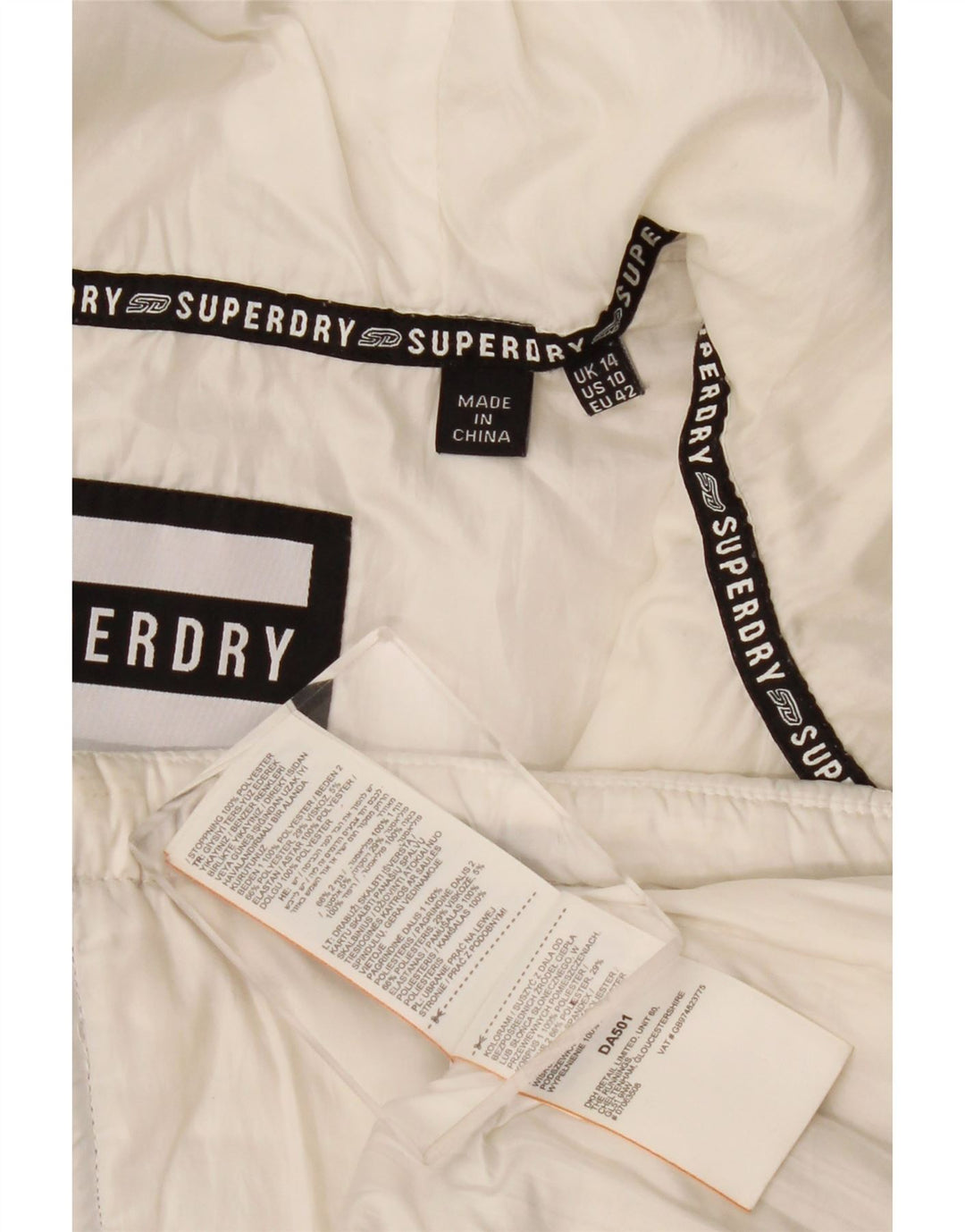 Jachetă matlasată cu glugă Superdry pentru femei UK 14, mare, alb, color block