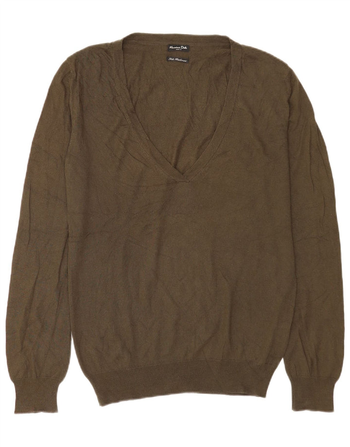 Pulover pentru femei Massimo Dutti cu decolteu în V UK 14 Medium Khaki Mătase