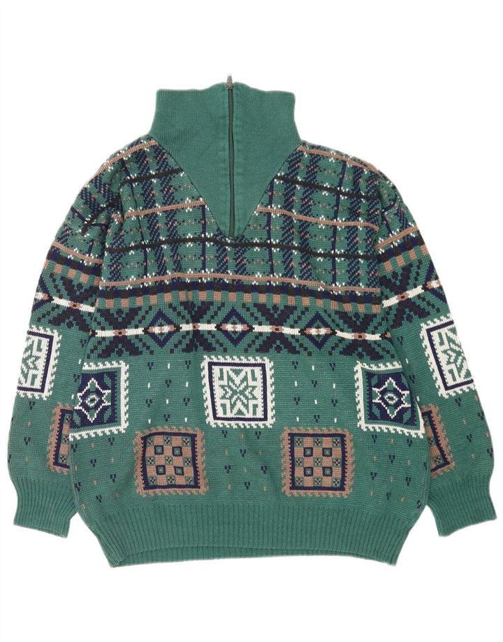Pulover vintage pentru bărbați, cu fermoar, cu gât, mare, verde, geometric, poliacrilic
