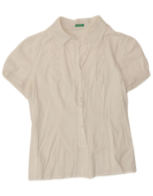 Bluză cămașă cu mânecă scurtă pentru femei Benetton cu volan în față UK 12 Medium White