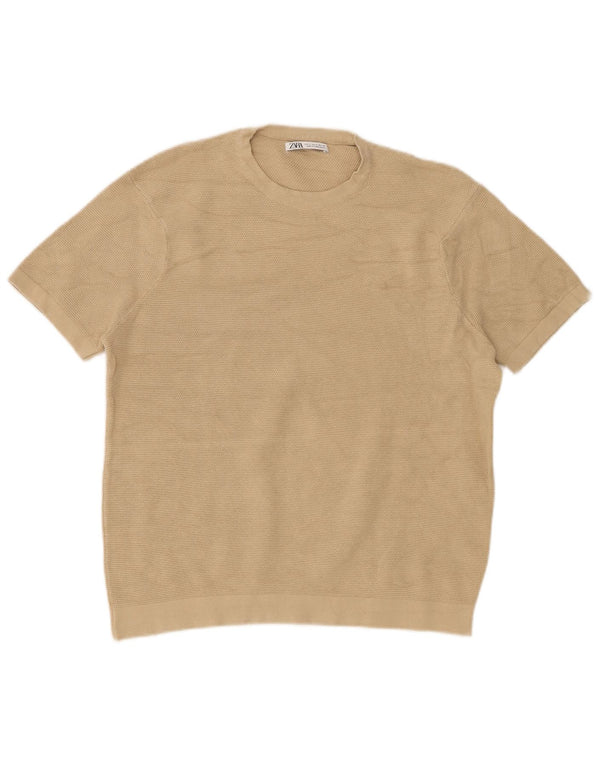 Pulover pentru femeie Zara cu mânecă scurtă cu gât crew, bumbac mic, bej, UK 10