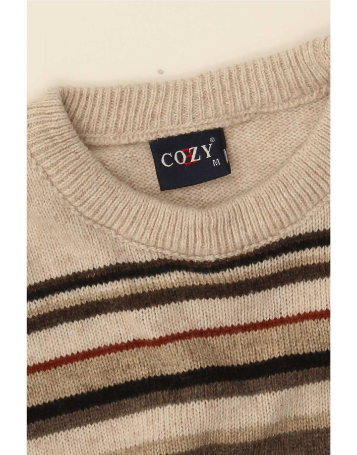 Pulover vintage pentru bărbați cu gât roșu, cu dungi medii, multicolore