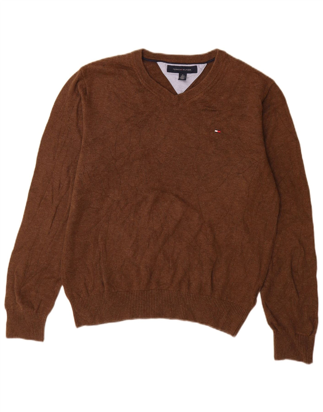 Pulover pentru bărbați Tommy Hilfiger cu decolteu în V, bumbac maro mediu