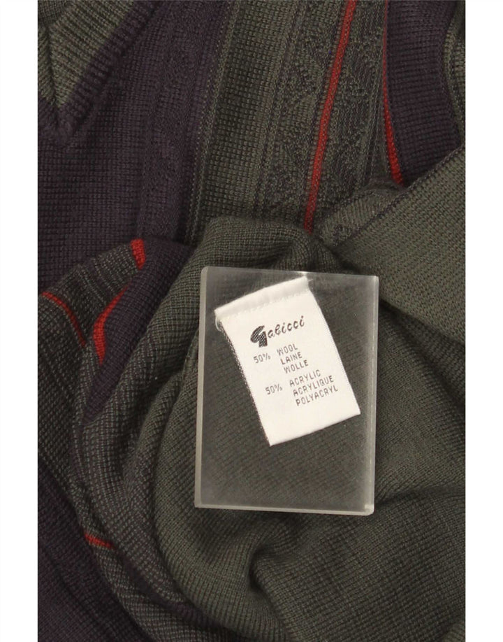 Pulover pentru bărbați Gabicci, cu decolteu în V, din lână color block kaki mediu