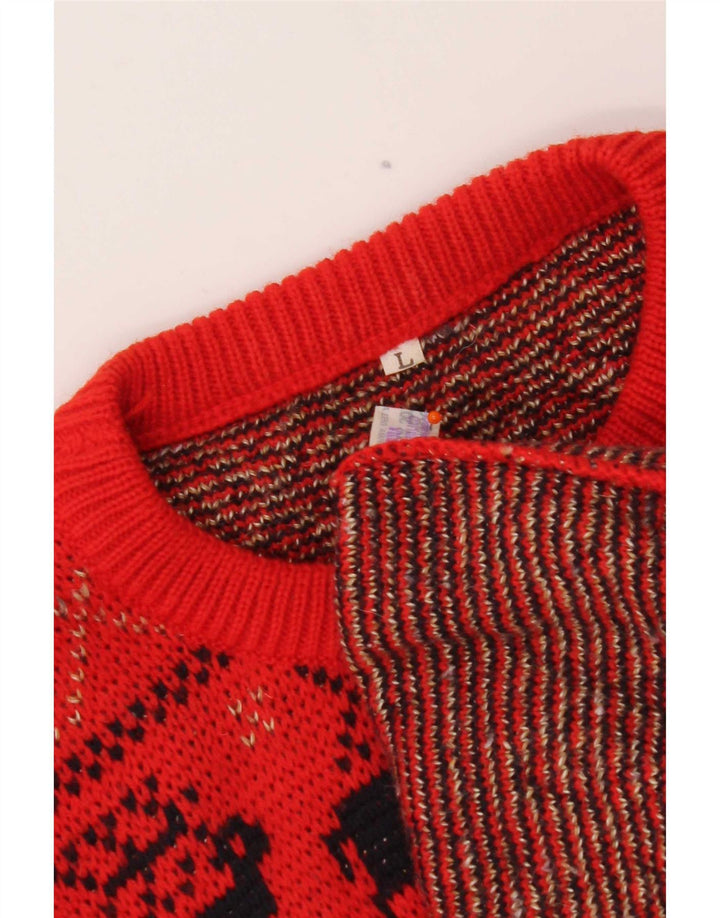 Pulover vintage pentru bărbați cu gât roșu, lână Fair Isle, mare