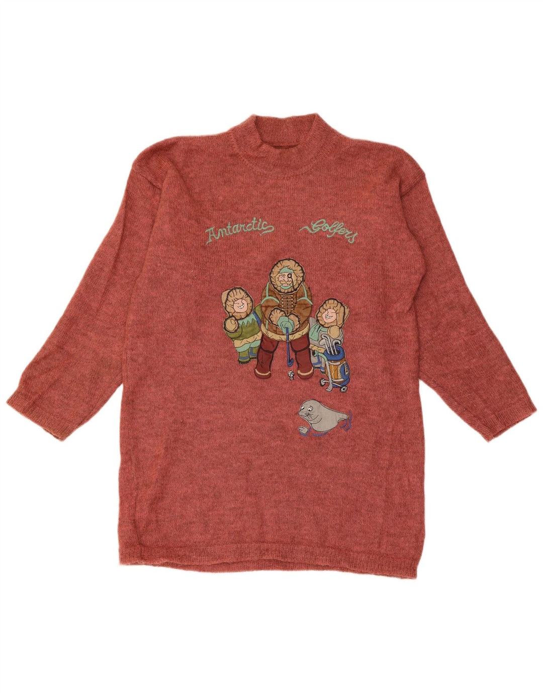 VINTAGE Pulover cu gât țestoasă cu grafică pentru femei UK 14 Maroon mediu