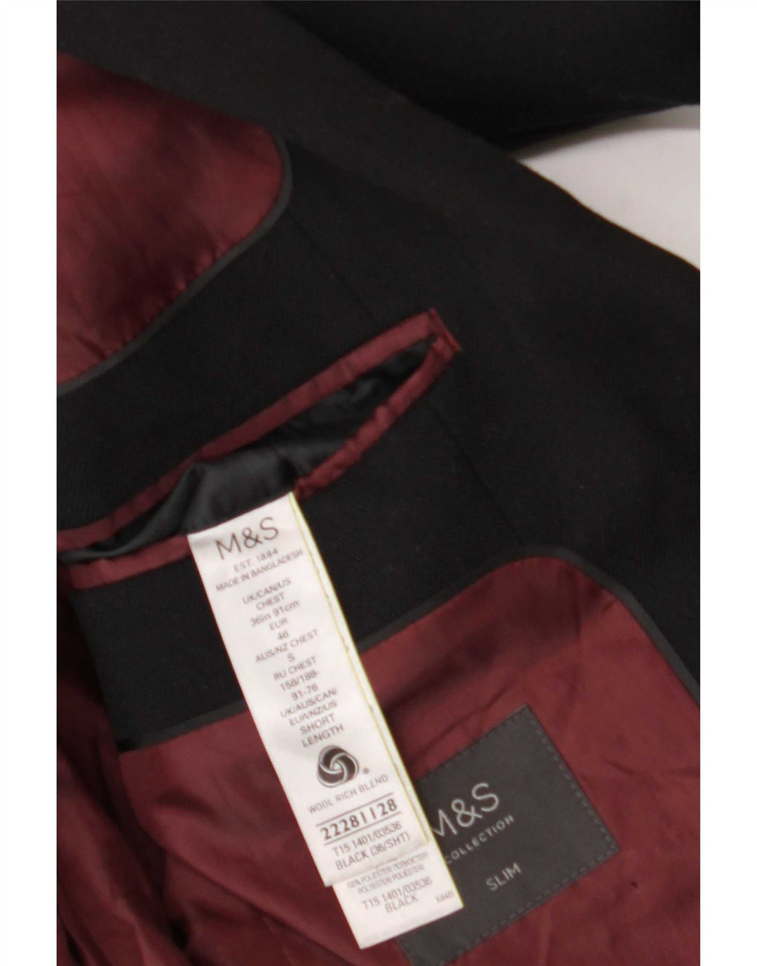 Marks & Spencer jachetă subțire cu 2 nasturi pentru bărbați Marea Britanie 36 lână neagră mică