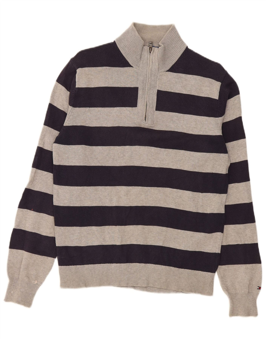 Pulover Tommy Hilfiger pentru bărbați, cu fermoar și gât, bumbac cu dungi, gri mediu