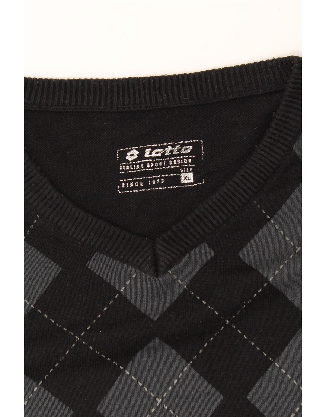 LOTTO Mens V-Neck Jumper Sweater XL Black Argyle/Diamond Vintage Lotto and Second-Hand Lotto from Messina Hembry 