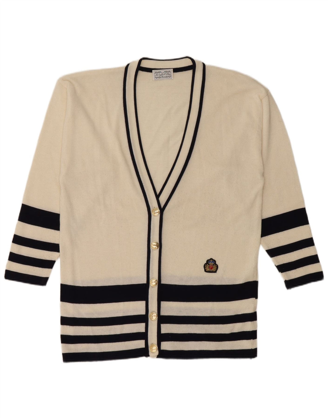 Pulover Cardigan Vintage pentru Damă UK 14 Bumbac cu dungi alb mediu mediu