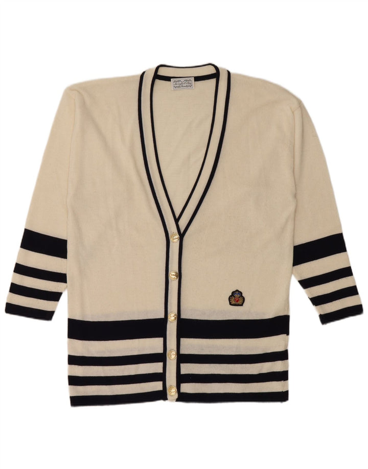 Pulover Cardigan Vintage pentru Damă UK 14 Bumbac cu dungi alb mediu mediu