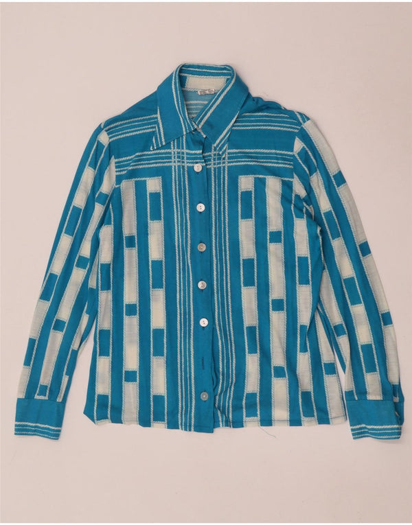 Bluză de cămașă vintage pentru femei UK 14 Medium Blue Geometric Poliacrilic