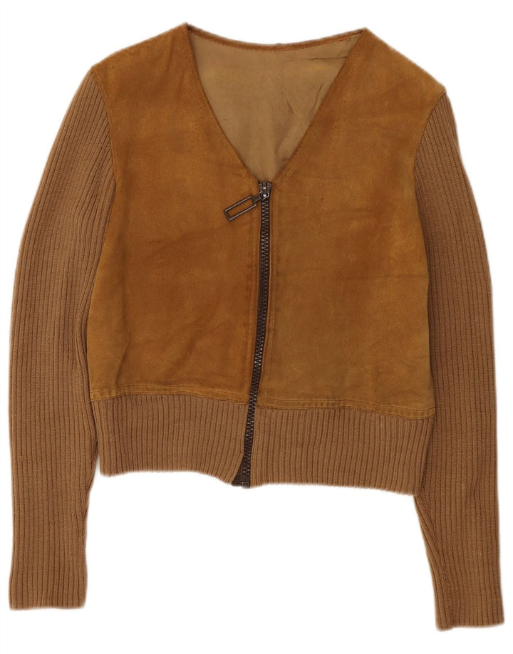 Jachetă vintage pentru femei crop din piele intoarsa UK 14 maro mediu