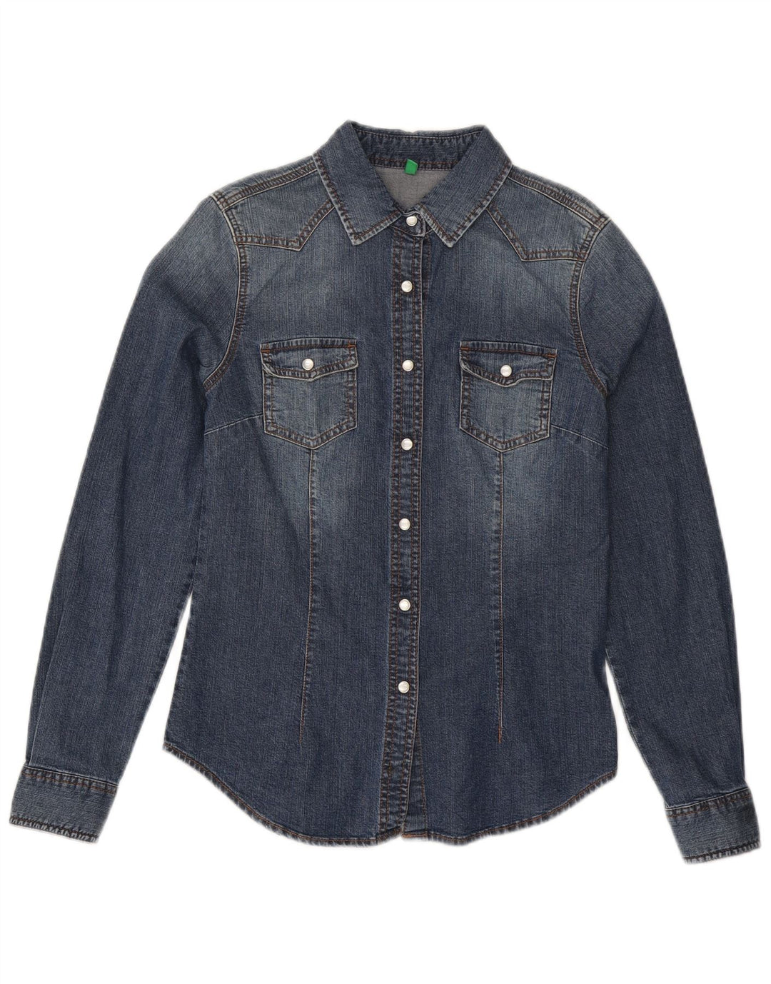 Cămașă Benetton pentru femei din denim grafic UK 12, bumbac albastru mediu