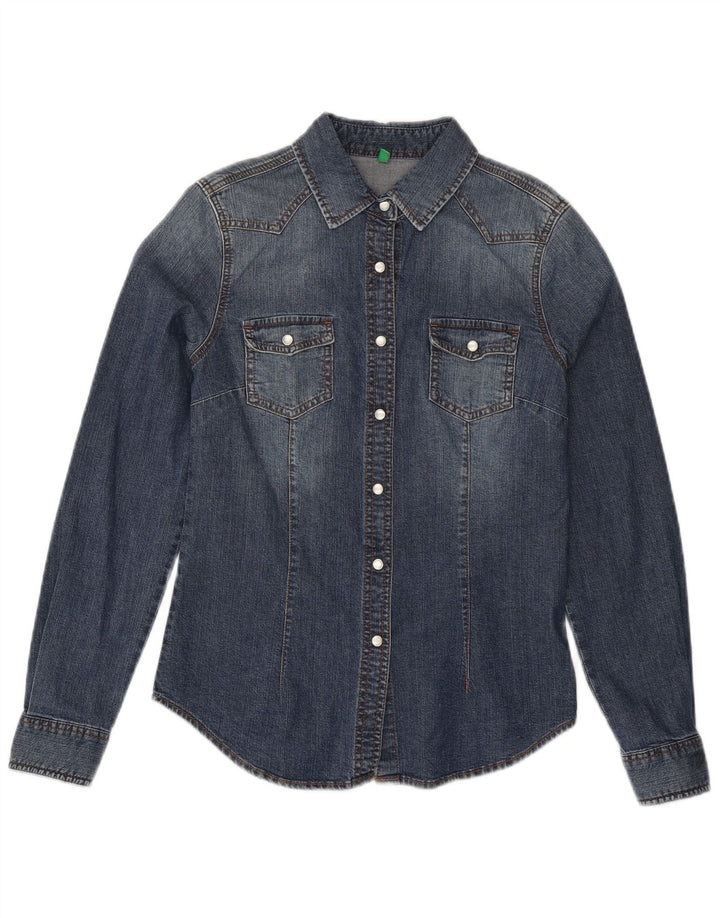 Cămașă Benetton pentru femei din denim grafic UK 12, bumbac albastru mediu