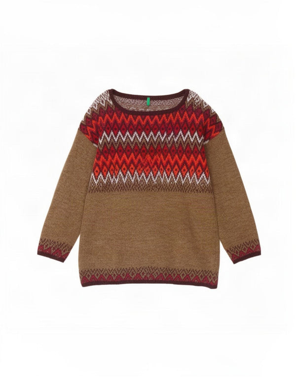 Pulover Benetton pentru femei cu gât de barcă UK 16 mare Bej Argyle/Diamond