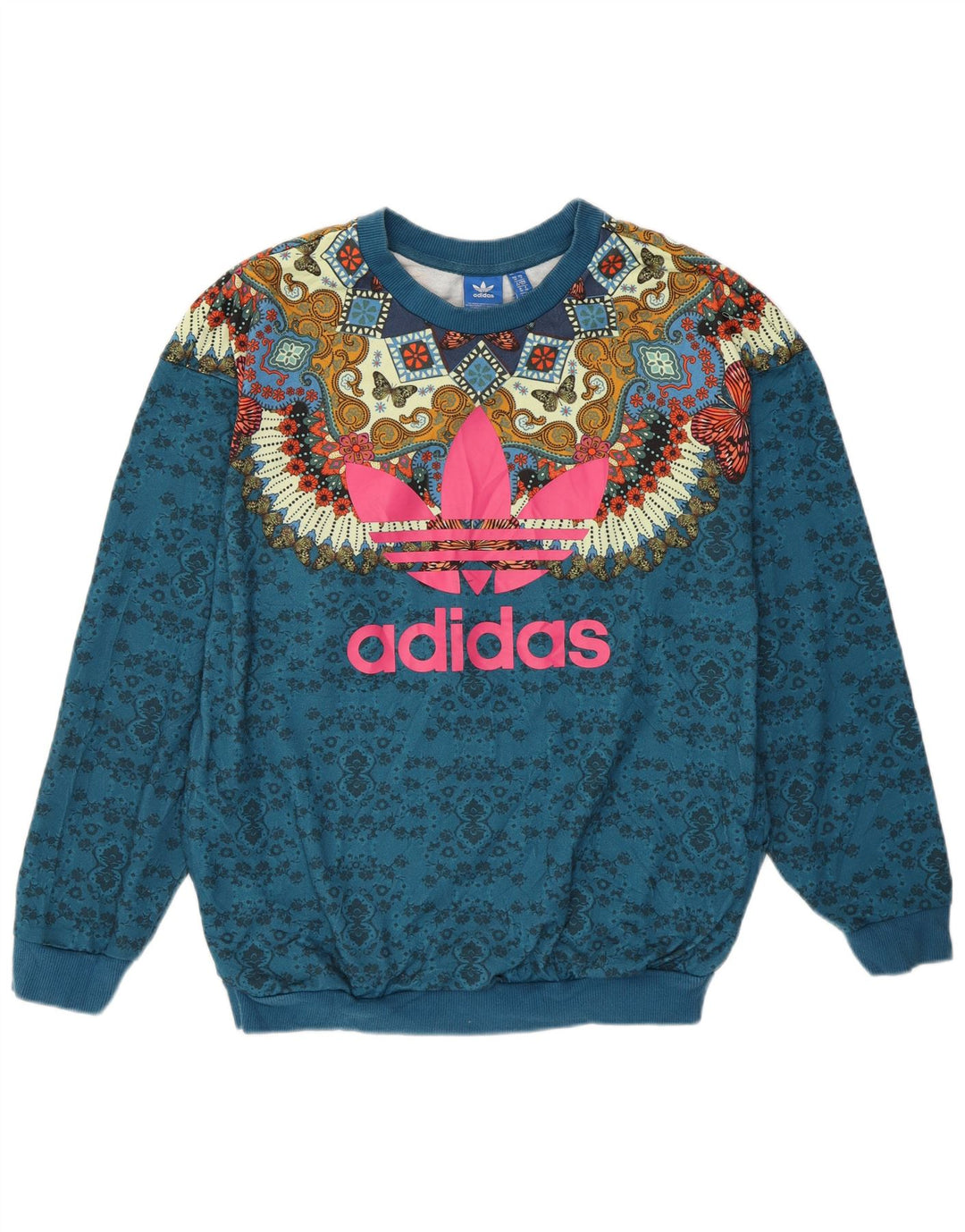 Pulover adidas cu model abstract pentru femei UK 10 mic albastru boem