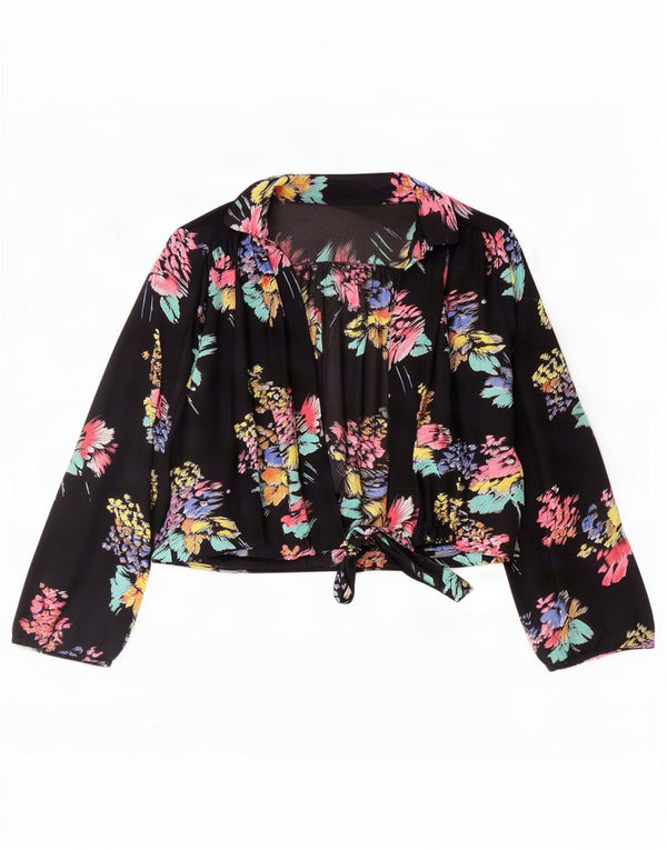 Vintage Womens Crop Shirt Bluza UK 16 Large Black Floral