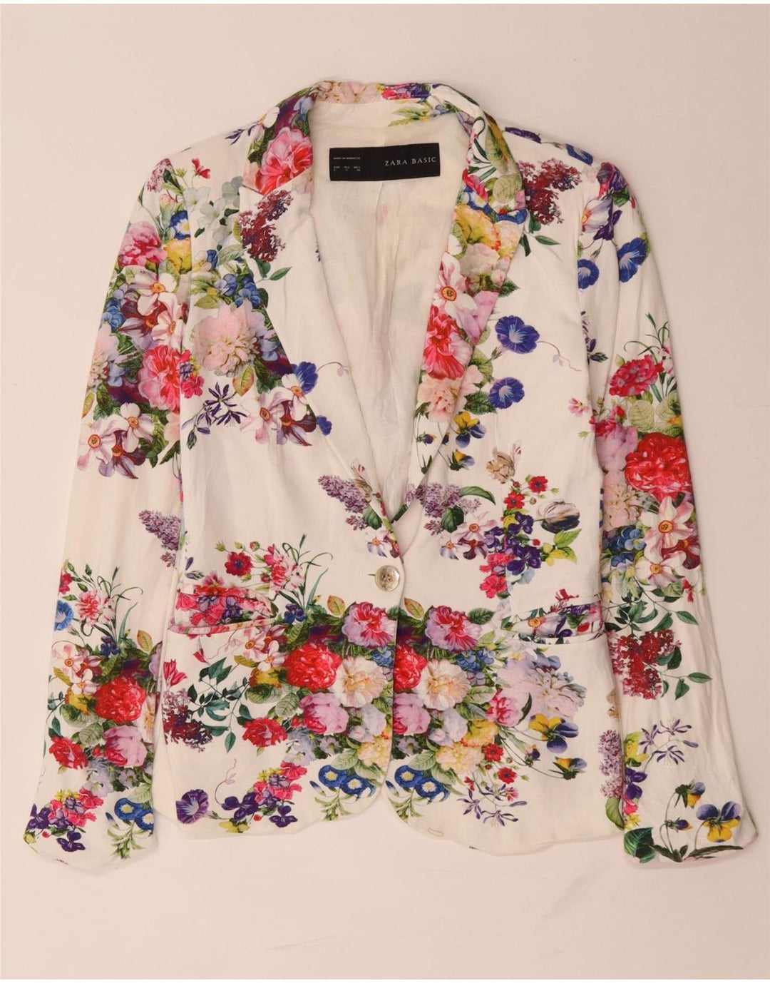 Blazer pentru femei Zara, cu 1 nasture, UK 10, mic, alb, viscoză florală