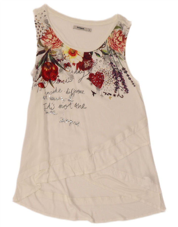 Top cu tunică grafică Desigual pentru femei UK 12 Medium White Floral Viscose