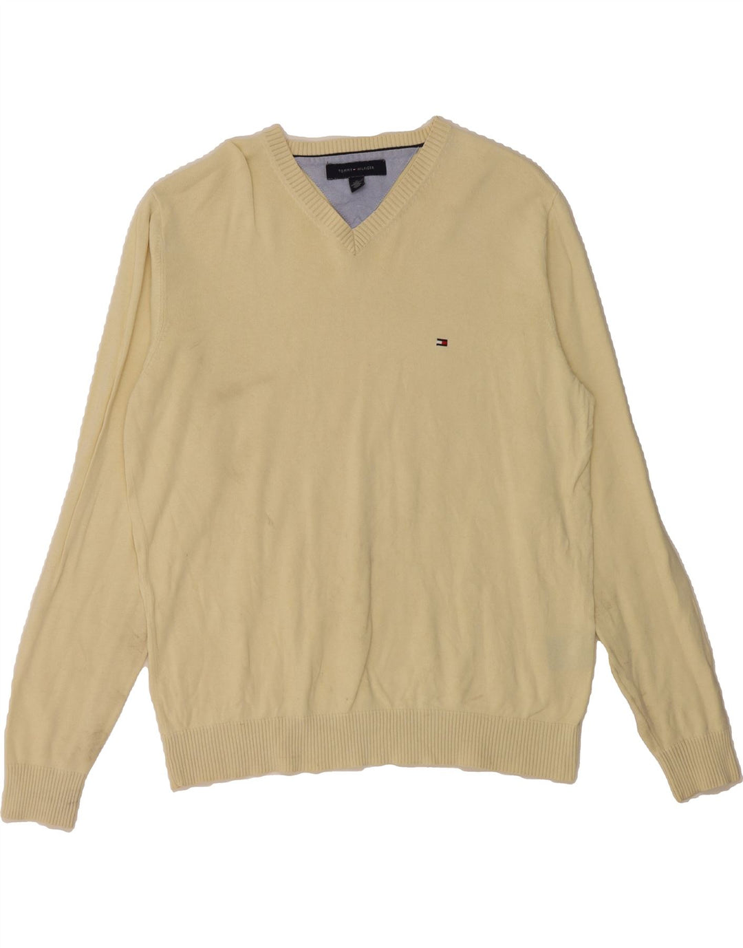TOMMY HILFIGER Mens V-Neck Jumper Sweater Medium Beige Cotton Vintage Tommy Hilfiger and Second-Hand Tommy Hilfiger from Messina Hembry 