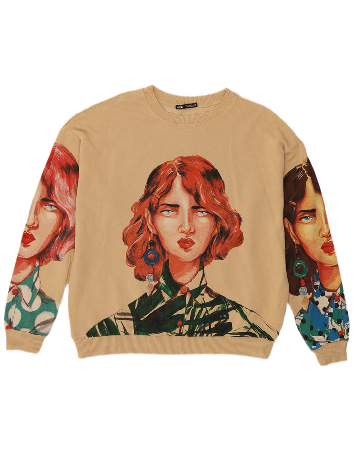 Pulover pentru femei Zara cu model abstract, bumbac mare, bej, UK 16