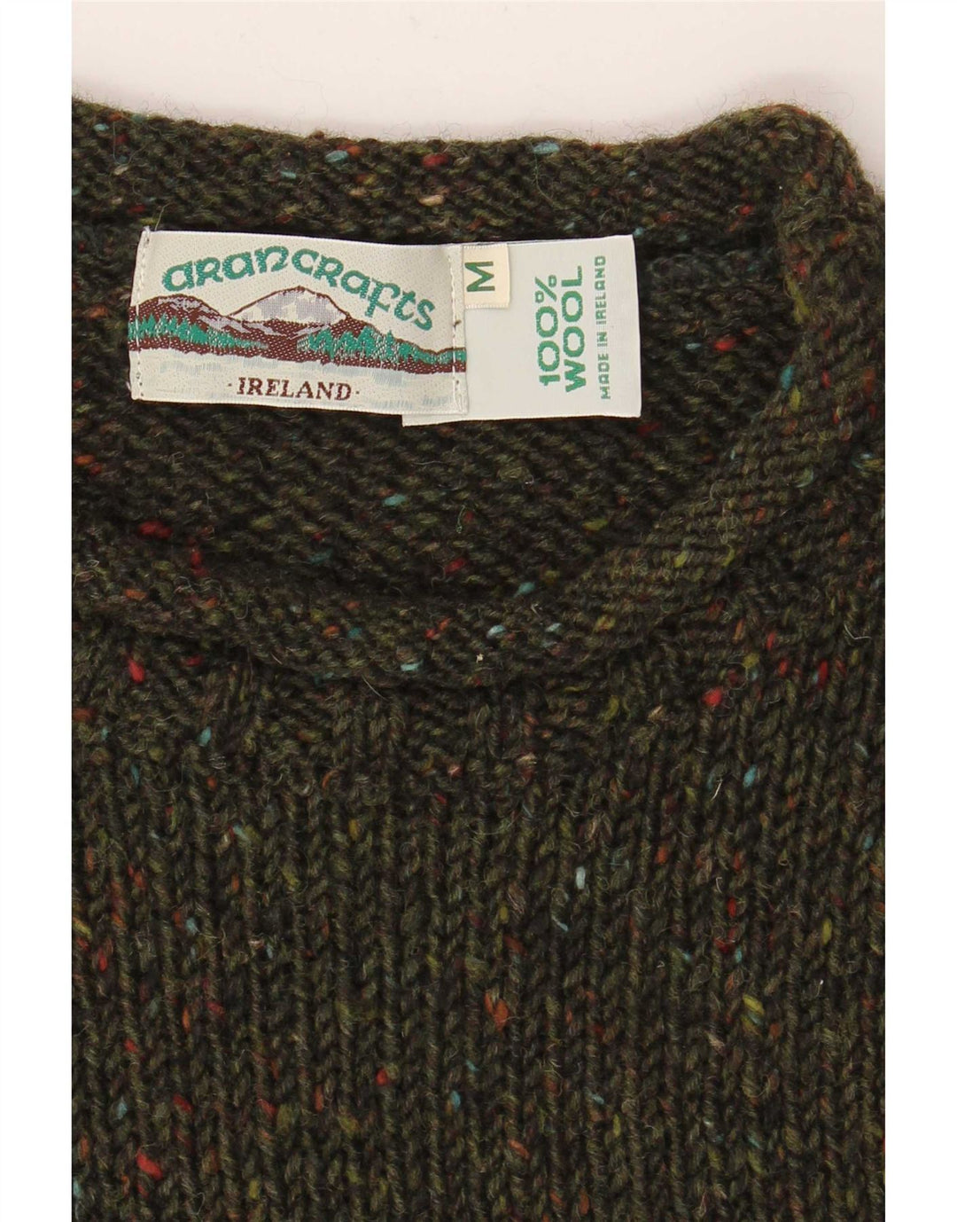 Pulover pentru bărbați Aran Crafts, cu gât de barcă, din lână cu pete mediu kaki