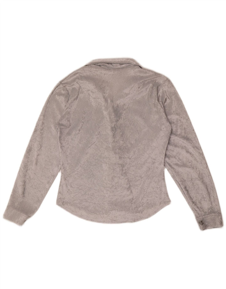 Bluză de cămașă din velur vintage pentru femei UK 12 Poliester gri mediu