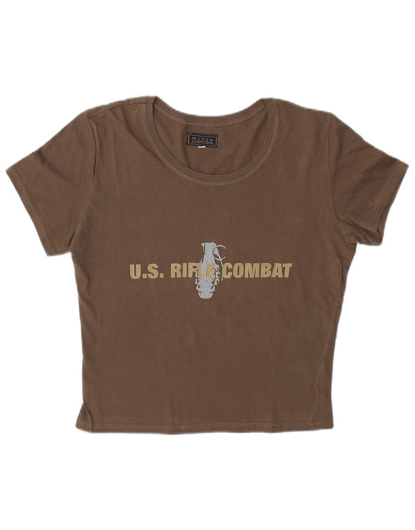 Tricou cu grafic crop pentru femei Rifle Top UK 16 mare bumbac maro