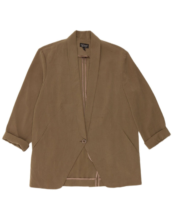 Topshop Womens Oversized 1 Button Blazer Jacket UK 10 Small Khaki Pinstripe